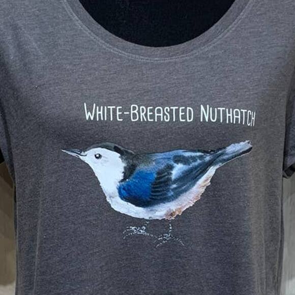 Wingspan Inspired Womens XL Watercolor White Breasted Nuthatch Upcycled Tee - Picture 2 of 4